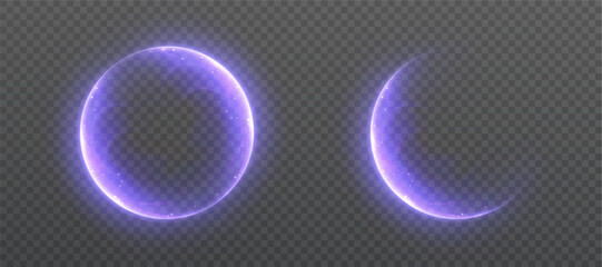Glowing violet circular halo and crescent light effect on transparent background with soft luminous edges and smooth radiant glow. © Valeriia