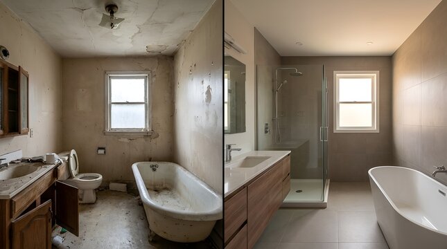 Comparison of an outdated dirty bathroom and a modern renovated bathroom with clean fixtures and bright lighting