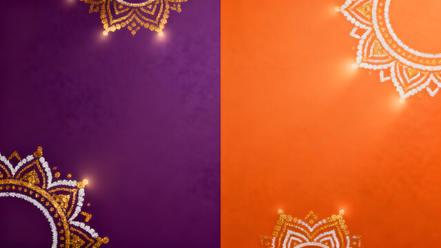 Two-toned purple and orange festive background with glowing mandala corner borders and copy space