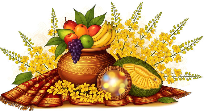 Traditional Kerala Vishu Kani Arrangement Featuring Golden Konnapoo Flowers Metal Uruli Pot Yellow Fruits Mirror and Sacred Textile in Detailed Digital Painting Illustration Style