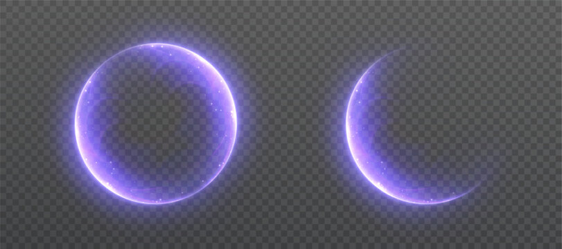 Glowing violet circular halo and crescent light effect on transparent background with soft luminous edges and smooth radiant glow.