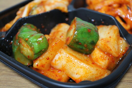 Kkakdugi (diced daikon radish kimchi) and oi kimchi (cucumber kimchi) purchased at a supermarket in Tokyo, Japan