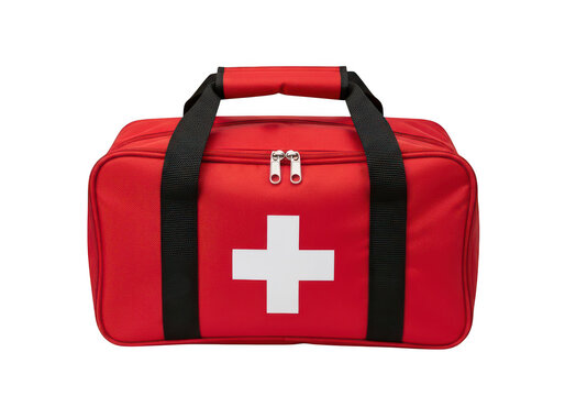 Red medical duffel bag with white cross emblem for first aid supplies isolated on transparent background png