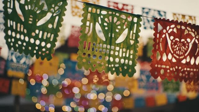 Colorful hanging flag decorations background for Cinco de Mayo celebrations in Mexico