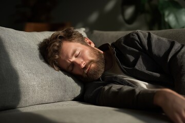 Obraz premium Man sleeping on couch with sunlight. Adult male resting comfortably on grey sofa pillow during day, eyes closed. Cozy home interior