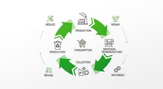 Circular Economy Diagram Illustrating Reduce Reuse Recycle and Sustainable Production Process