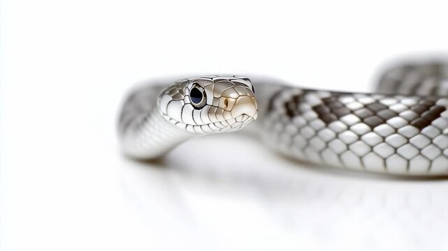 Minimalist close up of snake on white background highlighting smooth scales and elegant reptile form in studio style