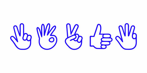 Fototapeta premium Five blue line drawings depicting different hand gestures and signs