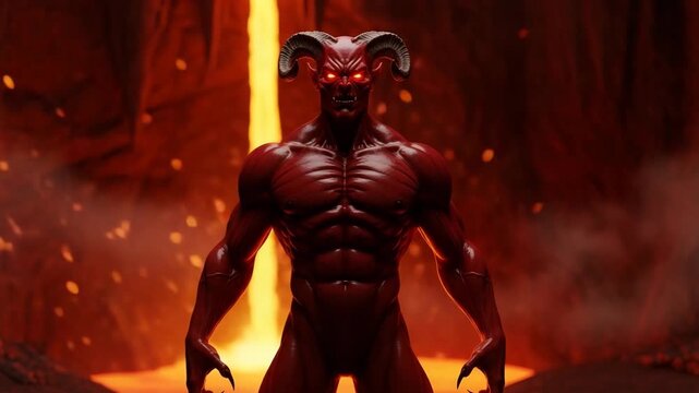 Powerful Red Demon Lord Standing in Lava Cave
