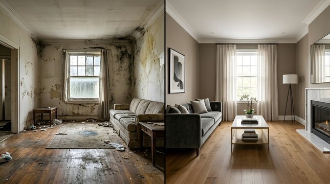 Transformative Interior Renovation Showing Drastic Change from Dilapidated to Modern Living Room