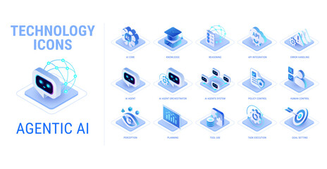 Plakat Technology Agentic AI icons set isolated on white background - AI agent system, API integration, orchestration, network, ai system, tools, memory - high quality isometric vector 