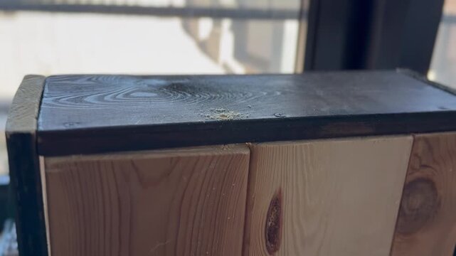 The video shows the process of drilling a hole in a wooden workpiece using an electric drill or a screwdriver.