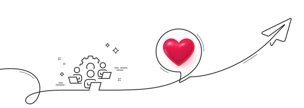 Teamwork line icon. Continuous line with share plane. Remote office sign. Team employees symbol. 3d heart in speech bubble. Teamwork single line ribbon. Loop curve pattern. Vector