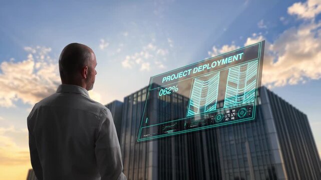Top Executive Examines Holographic Interface Demonstrating Skyscraper Construction Achievement