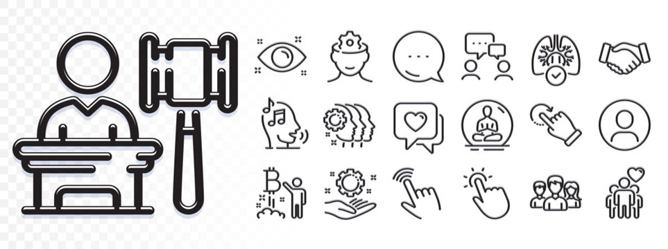 Teamwork, Lungs and Handshake line icons for web app. Glare of light effect. Message icon. Pack of Heart, Auction, Bitcoin project pictogram icons. Vector