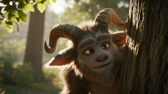 Furry Goat Creature Peeking from Behind a Tree