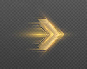 Glowing golden chevron arrow with motion blur and speed trail, isolated on transparent background. Vector directional interface symbol for navigation, progress and digital UI design. © Valeriia
