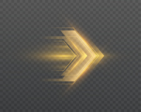 Glowing golden chevron arrow with motion blur and speed trail, isolated on transparent background. Vector directional interface symbol for navigation, progress and digital UI design.
