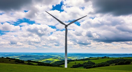 Obraz premium Wind Turbine on Green Hill Landscape Under Cloudy Sky Renewable Energy