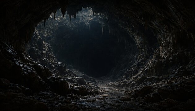 Dark rocky cave with distant opening