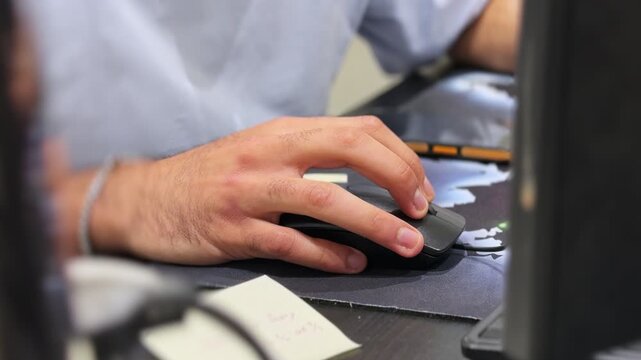 Close-up of a hand operating a computer mouse at an office desk, with monitor edges and sticky notes visible in a modern indoor workspace during focused computer work.