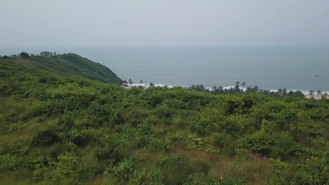 Camera moves over dense green coastal ridge vegetation to reveal Bhogve Beach along the Arabian Sea shoreline in Malvan, Maharashtra, India. Calm waters and palm trees line the isolated sandy beach.