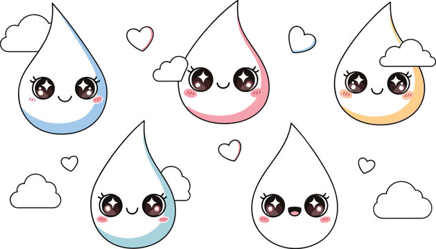 Cute pastel water drop kawaii cartoon set with sweet smiling faces clouds and hearts soft aesthetic characters isolated on white background