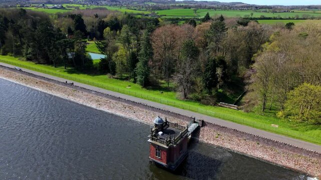 Aerial view of the Victorian pump house at Swithland Reservoir, showcasing historic industrial architecture in rural Leicestershire.