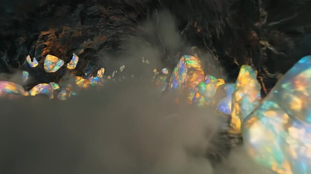 Iridescent Gemstones Glowing in a Dark Cave