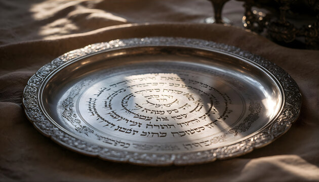 antique silver seder plate with hebrew calligraphy for passover
