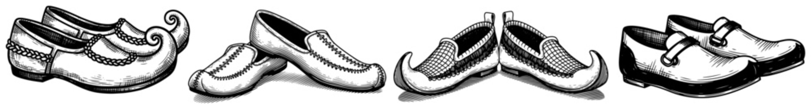 Collection of traditional folk shoes and slippers in detailed vintage engraving style