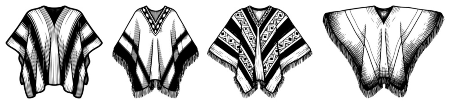 Collection of traditional South American ponchos with ethnic patterns in vintage engraving style