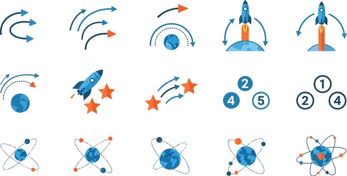Rocket launch icons accompanied by orbital paths and numbered spheres visualize the stages of space travel and mission planning.