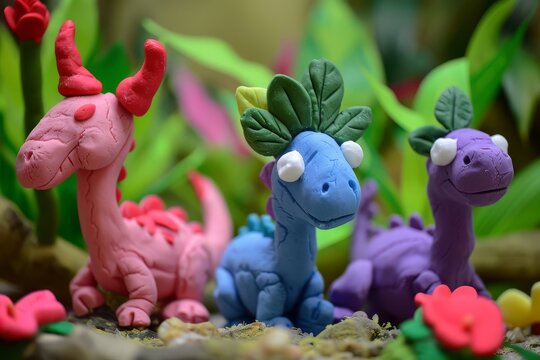 Cute clay baby dinosaurs pink blue purple near flowers playful stop motion style kids character scene