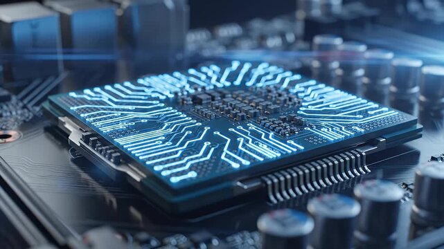A detailed close-up showcases a glowing CPU processor mounted on a circuit board, highlighting its intricate circuitry and technological complexity.