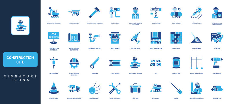 Construction site machinery and equipment, work of engineer and worker electrician glyph icon set. Tower crane and excavator, concrete mixer, plumbing solid symbols vector illustration