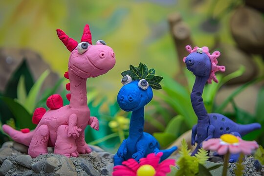 Cute clay baby dinosaurs pink blue purple near flowers playful stop motion style kids character scene