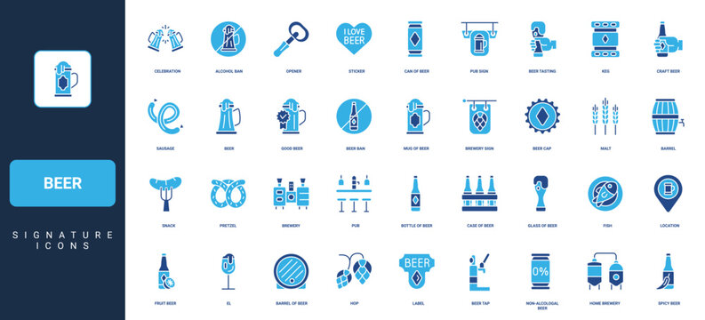 Beer production in brewery, pub keg with tap and bottle, mug and barrel glyph icon set. Craft beer and food of Oktoberfest, cheers toast of glasses solid symbols vector illustration