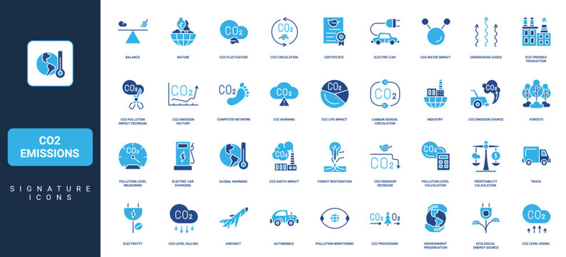 CO2 emissions, exhaust and greenhouse gas reduction, global air pollution and footprint glyph icon set. Impact of industry on environment, climate solid symbols vector illustration