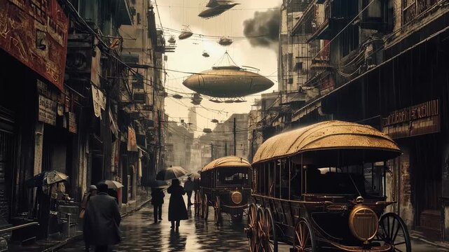 City street scene with vintage vehicles and flying objects during rain in an urban area at dusk