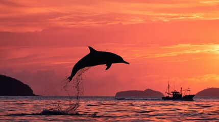 Naklejka premium Dolphin silhouette jumping over a calm ocean horizon during a dramatic orange and pink sunset with distant islands and a detailed fishing boat in sharp focus.