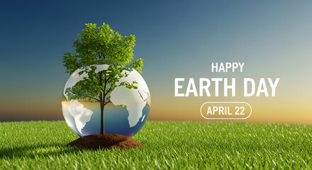 Happy earth day april 22 globe with tree on green grass field background