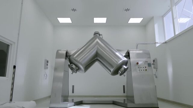 Close-up footage of a high-speed industrial homogenizer mixing pharmaceutical or vitamin compounds in a sterile production environment. The rotating machinery creates a visually striking motion as ing