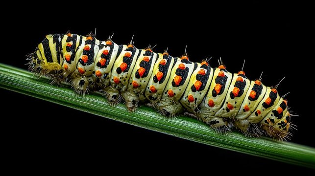 Vividly patterned larva crawls along a slender green stalk against a dark background
