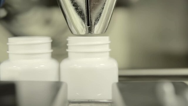 Close-up footage of capsules being automatically counted and dispensed into bottles on a pharmaceutical production line. High-speed counting system ensures precise dosage and packaging in a sterile, c