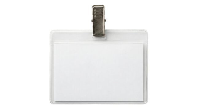 Blank white identification badge with metal clip