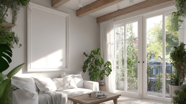 Bright living room interior features a large empty picture frame above a white sofa near a glass balcony door with lush outdoor greenery.