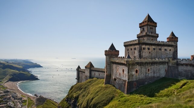 Fortified medieval European castle with stone turrets and high walls perched on a grassy cliff overlooking a rugged coastline with a village and vast ocean.