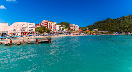 A view back towards the shore from the Great Bay Beach cove in Philipsburg, Sint Maarten on a sunny day