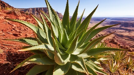 Fototapeta premium A thriving aloe vera plant with thick, fleshy leaves and sharp serrated edges stands in a vast, detailed desert landscape with red soil, canyons, and blue skies.